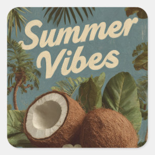"Summer Vibes" with Coconuts and Tropical Foliage Square Sticker
