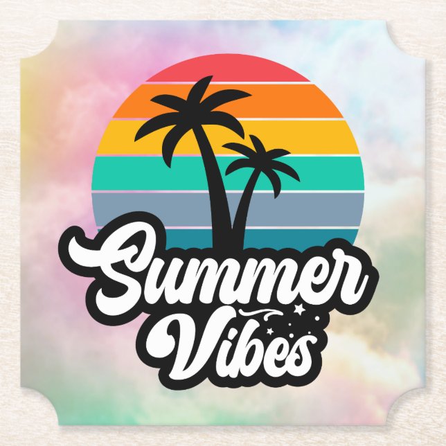 Summer Vibes with Palm Trees Design Paper Coaster (Front)
