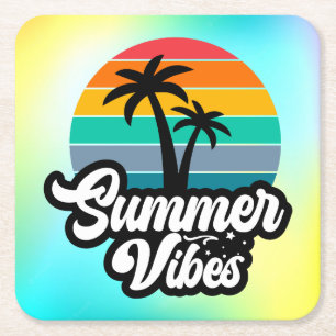 Summer Vibes with Palm Trees Design Square Paper Coaster