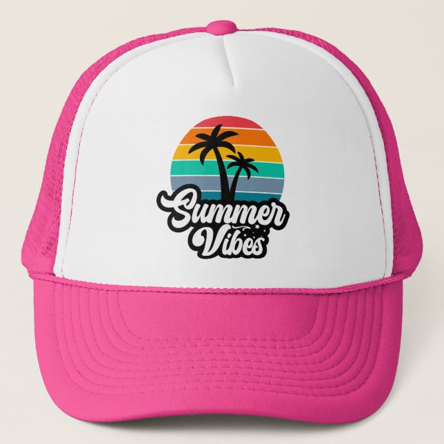 Summer Vibes with Palm Trees Design Trucker Hat (Front)
