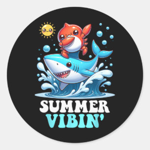 Summer Vibin' Dabbing Crab Surfing Shark Sun Cute  Classic Round Sticker