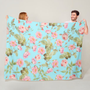 Summer Victorian Vintage Roses Pattern on Teal Fleece Blanket
