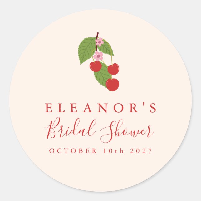 Summer Vintage Red Cherries Custom Bridal Shower Classic Round Sticker (Front)