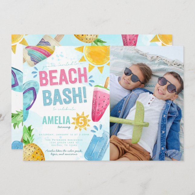 Summer Watercolor Beach Bash Birthday Party Invitation (Front/Back)