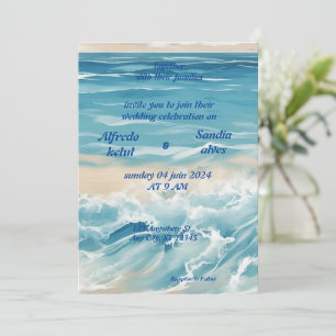summer watercolor beach ocean blue wedding  invitation