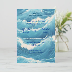 summer watercolor beach ocean blue wedding  invitation