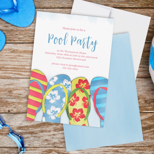 Summer Watercolor Blue Water Pool Party Invitation (Summer pool party flip flops invitations.)