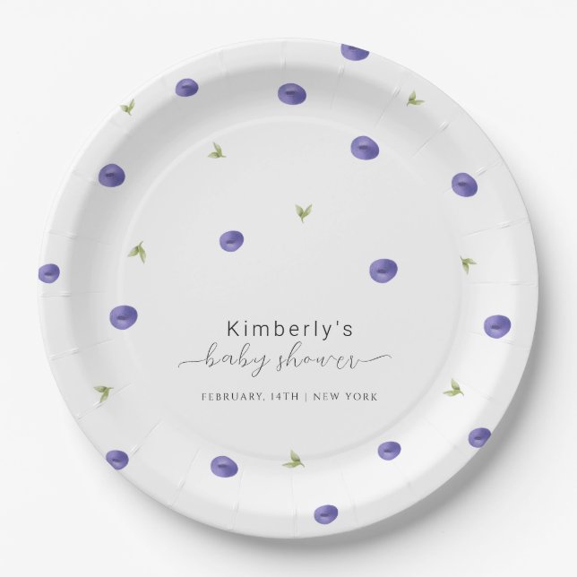 Summer Watercolor Blueberry Farm Baby Shower  Paper Plate (Front)