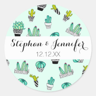 Summer Watercolor Cactus Black and White Pots Classic Round Sticker