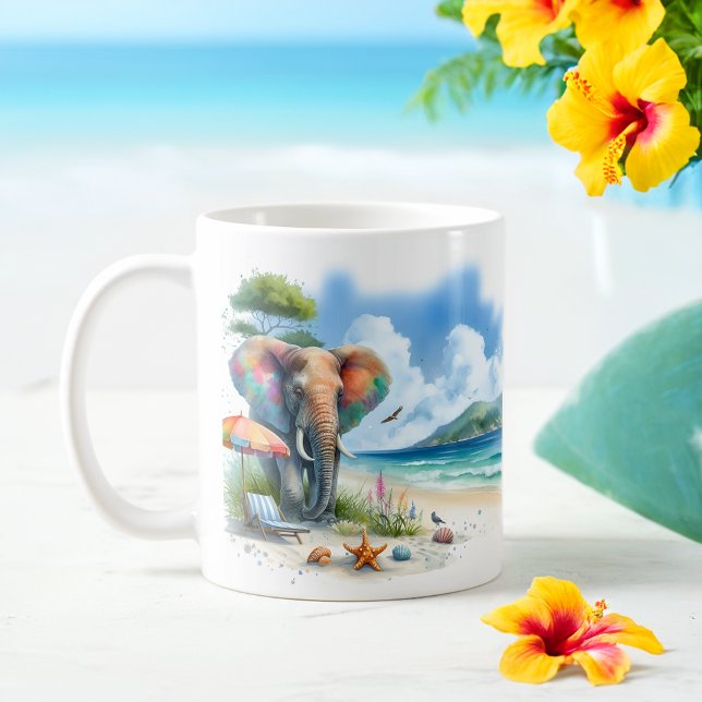Summer Watercolor Elephant on the beach Coffee Mug (Creator Uploaded)