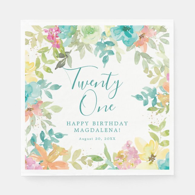 Summer Watercolor Floral 21st Birthday Custom Napkin (Front)