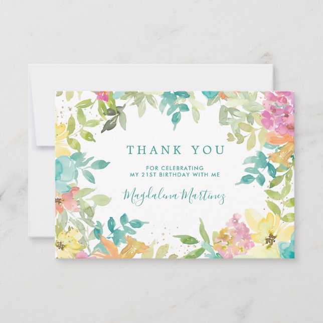 Summer Watercolor Floral 21st Birthday Thank You Card (Front)