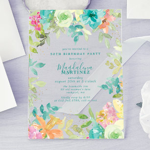 Summer Watercolor Floral 50th Birthday Clear Acrylic Invitations