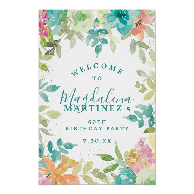 Summer Watercolor Floral 60th Birthday Party Poster (Front)
