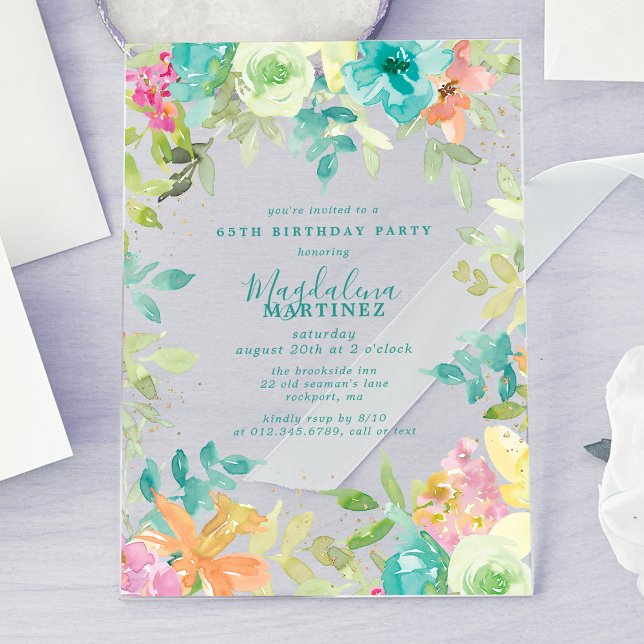 Summer Watercolor Floral 65th Birthday Clear Acrylic Invitations (Creator Uploaded)