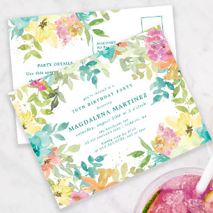 Summer Watercolor Floral 70th Birthday Invitation Postcard