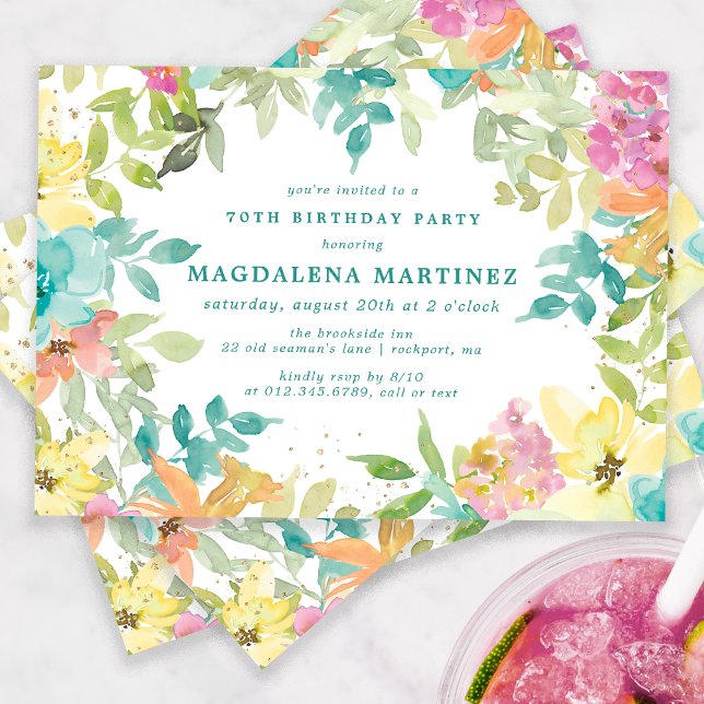 Summer Watercolor Floral 70th Birthday Party Invitation (Creator Uploaded)