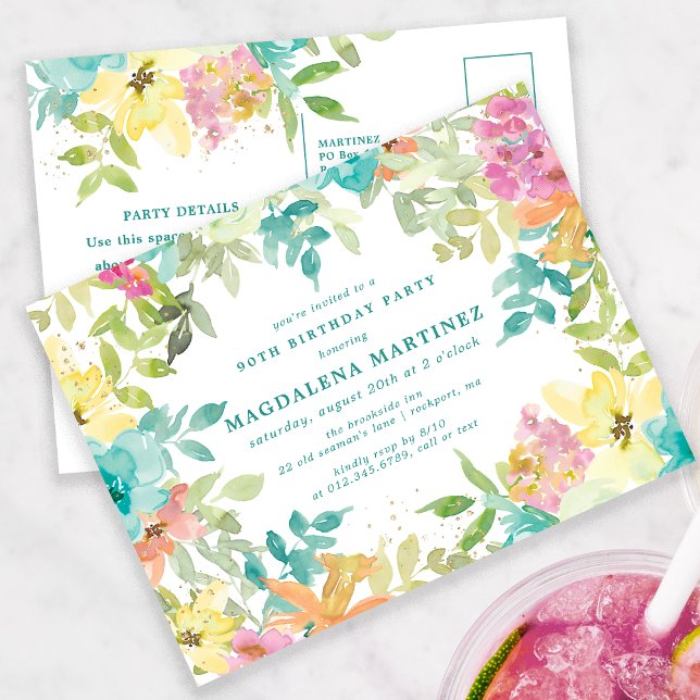 Summer Watercolor Floral 90th Birthday Invitation Postcard (Creator Uploaded)