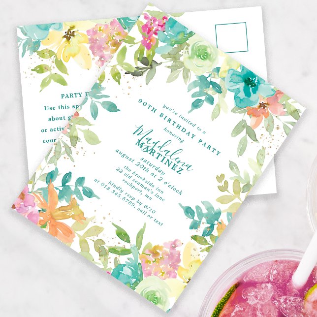 Summer Watercolor Floral 90th Birthday Invitation Postcard (Creator Uploaded)