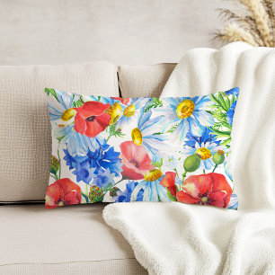 Summer Watercolor Floral Blue Red Yellow Decorative Cushion