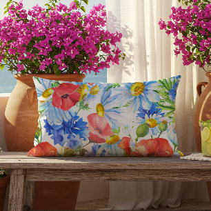Summer Watercolor Floral Blue Red Yellow Lumbar Cushion