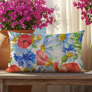 Summer Watercolor Floral Blue Red Yellow Outdoor Lumbar Cushion