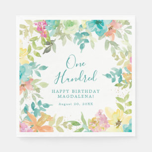 Summer Watercolor Floral Custom 100th Birthday Napkin