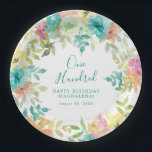 Summer Watercolor Floral Custom 100th Birthday Paper Plate<br><div class="desc">New for Summer 2024. Modern and colourful summer floral watercolor features pink,  turquoise blue,  yellow and orange flowers. They form rustic,  boho chic,  botanical frame around your birthday wishes. This item is part of the Summer Watercolor Floral collection. It contains professionally designed invitation templates,  welcome signs and party decorations.</div>