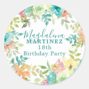 Summer Watercolor Floral Custom 18th Birthday  Classic Round Sticker