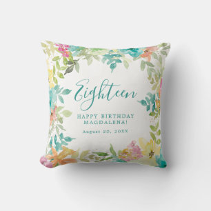 Summer Watercolor Floral Custom 18th Birthday Cushion