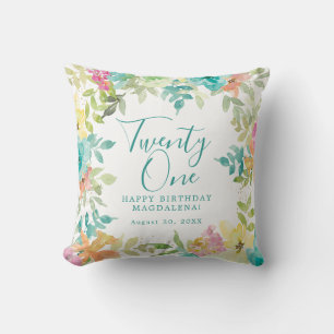 Summer Watercolor Floral Custom 21st Birthday Cushion