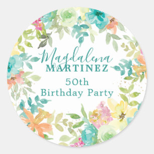 Summer Watercolor Floral Custom 50th Birthday Classic Round Sticker