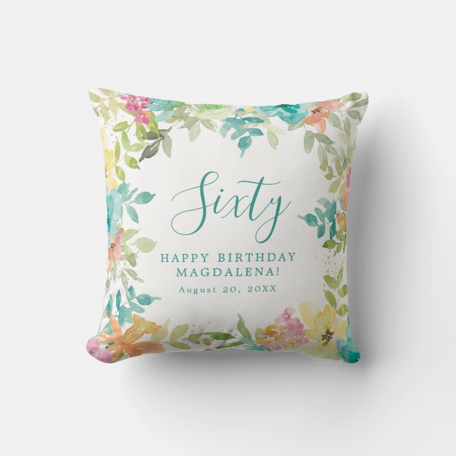 Summer Watercolor Floral Custom 60th Birthday Cushion (Front)