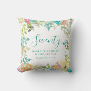 Summer Watercolor Floral Custom 70th Birthday Cushion