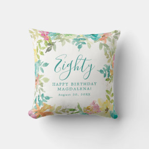 Summer Watercolor Floral Custom 80th Birthday Cushion