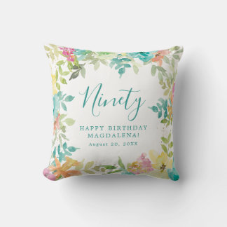 Summer Watercolor Floral Custom 90th Birthday Cushion