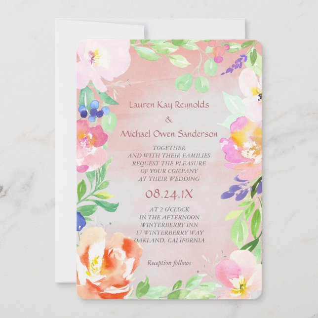Summer Watercolor Floral Frame Wedding Invitation (Front)