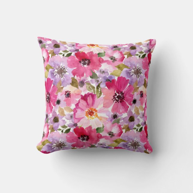 Summer Watercolor Floral Pattern Cushion (Front)