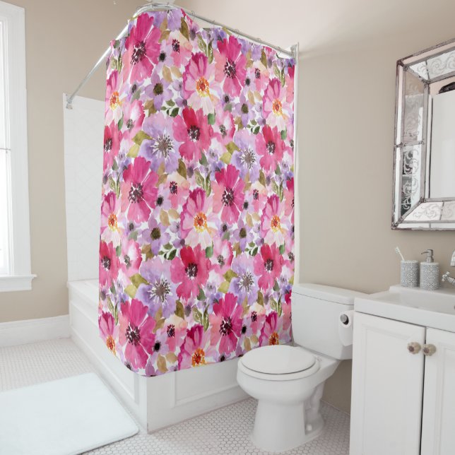 Summer Watercolor Floral Pattern Shower Curtain (In Situ)
