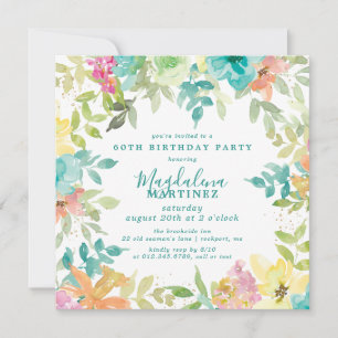 Summer Watercolor Floral Square 60th Birthday Invitation