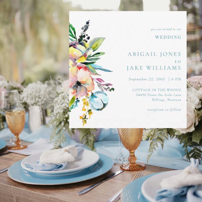 Summer Watercolor Floral Turquoise Square Wedding Invitation (Creator Uploaded)