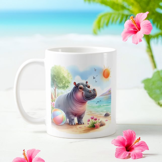 Summer Watercolor Hippopotamus on the beach Coffee Mug (Creator Uploaded)