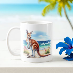 Summer Watercolor Kangaroo on the beach Coffee Mug