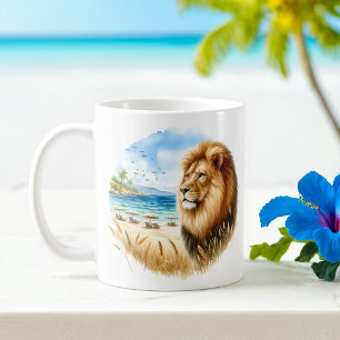 Summer Watercolor Lion on the beach Coffee Mug