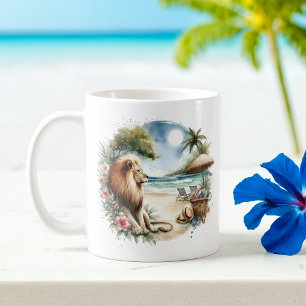 Summer Watercolor Lion on the beach Coffee Mug