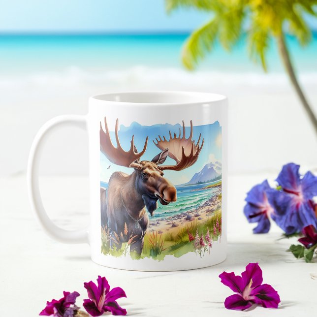 Summer Watercolor Moose on the beach Coffee Mug (Creator Uploaded)