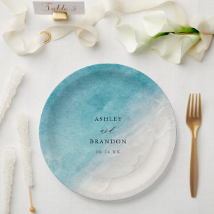 Summer Watercolor Ocean Blue Beach Wedding Paper Plate