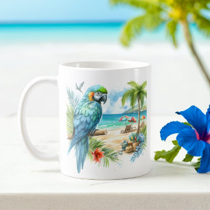 Summer Watercolor Parrot on the beach Coffee Mug