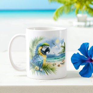 Summer Watercolor Parrot on the beach Coffee Mug