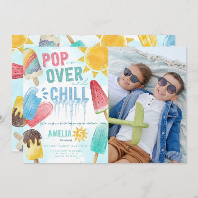 Summer Watercolor Popsicle Birthday Party  Invitation (Front/Back)